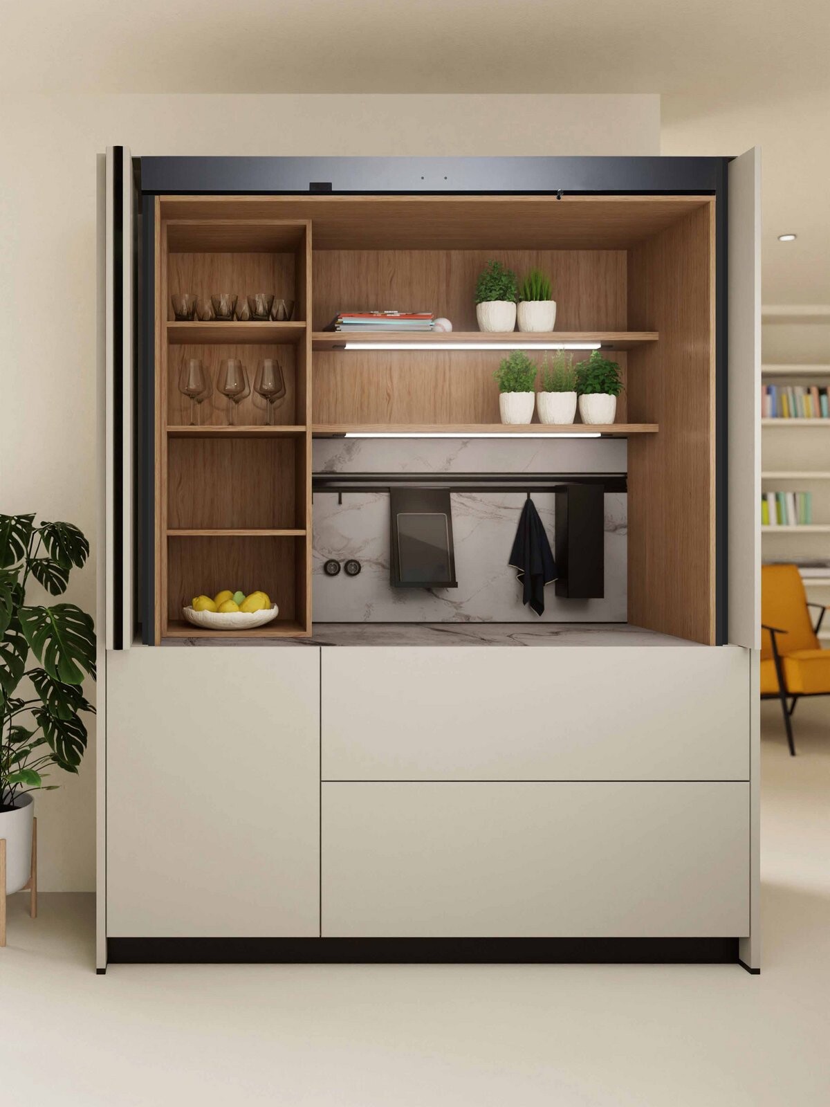 next125 materiaalstaal met houten front in de showroom